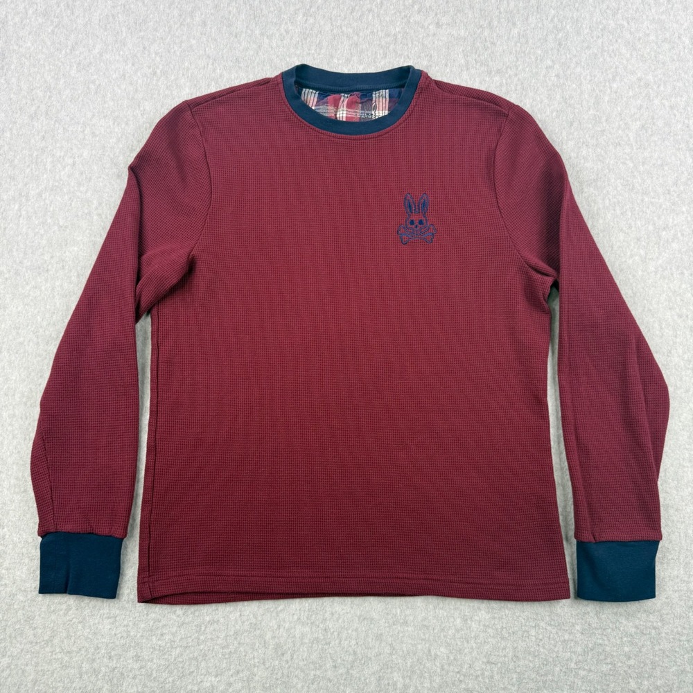Psycho Bunny Shirt Mens Medium Burgundy Red Waffle Knit Thermal Long Sleeve Logo